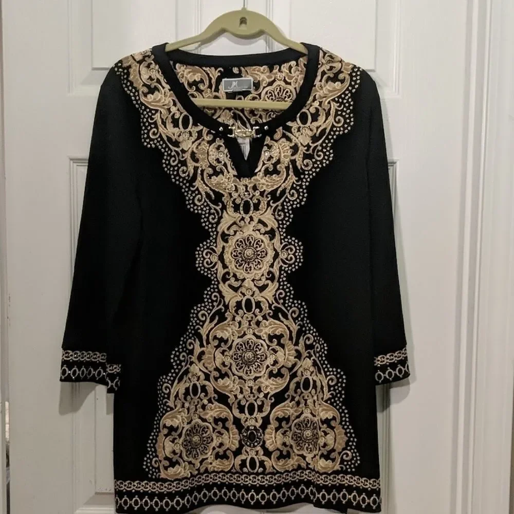 JM Collection gold black design top Sz XL NWT